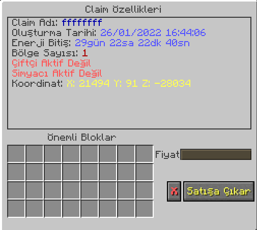 Survival Titanyum Claim Satış Menüsü Survival Titanyum Claim Satış Menüsü